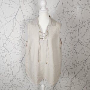 Ellen Tracy Beige 100% Linen Collared Drawstring Tunic Tank